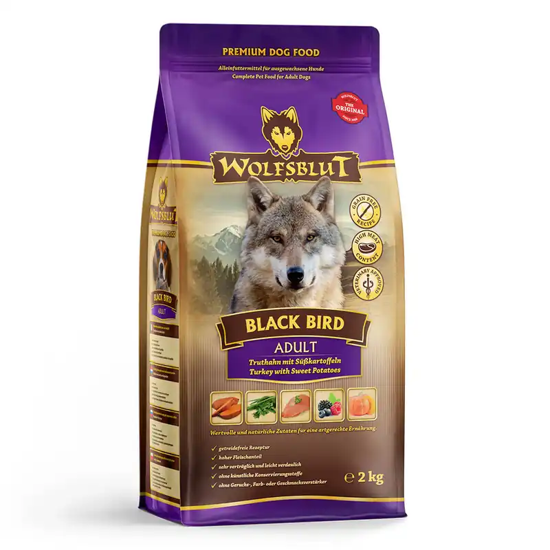 Neue Kollektion Sparpaket 2 x 2 kg Wolfsblut Black Bird Adult Truthahn mit Süßkartoffel Hunde Trockenfutter